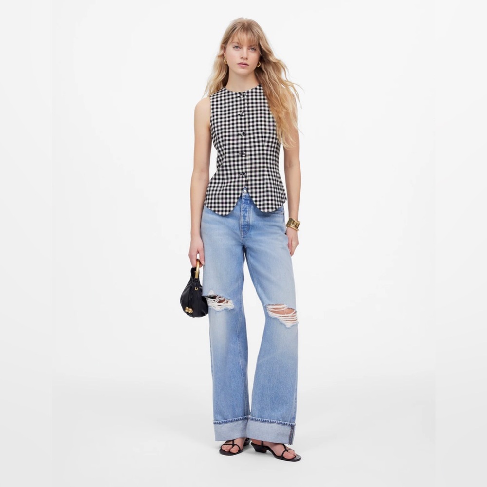 NWT Madewell Gingham Crewneck Single Breasted Black White Vest Wool Blend Sz 4